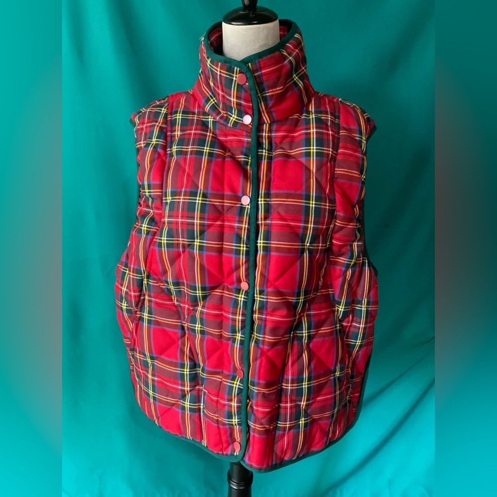 BiBi Women’s Red Tartan Plaid Puffer Vest, XL, NWOT